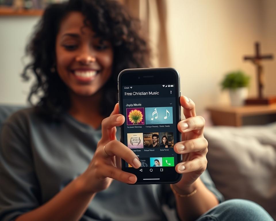 A close-up of a modern smartphone displaying vibrant free Christian music apps on its screen, set against a softly blurred background of a cozy living room. In the foreground, the phone is held by a person wearing modest casual clothing, showcasing a friendly, engaged expression as they explore the apps. The lighting is warm and inviting, creating a peaceful atmosphere that emphasizes the importance of joyful music in one's daily life. The background features subtle hints of religious symbols, like a small cross on a nearby shelf, enhancing the spiritual theme without overpowering the focus on the smartphone. The image captures a sense of hope and community, inviting viewers to consider the benefits of having uplifting music readily available. A close-up of a modern smartphone displaying vibrant free Christian music apps on its screen, set against a softly blurred background of a cozy living room. In the foreground, the phone is held by a person wearing modest casual clothing, showcasing a friendly, engaged expression as they explore the apps. The lighting is warm and inviting, creating a peaceful atmosphere that emphasizes the importance of joyful music in one's daily life. The background features subtle hints of religious symbols, like a small cross on a nearby shelf, enhancing the spiritual theme without overpowering the focus on the smartphone. The image captures a sense of hope and community, inviting viewers to consider the benefits of having uplifting music readily available.