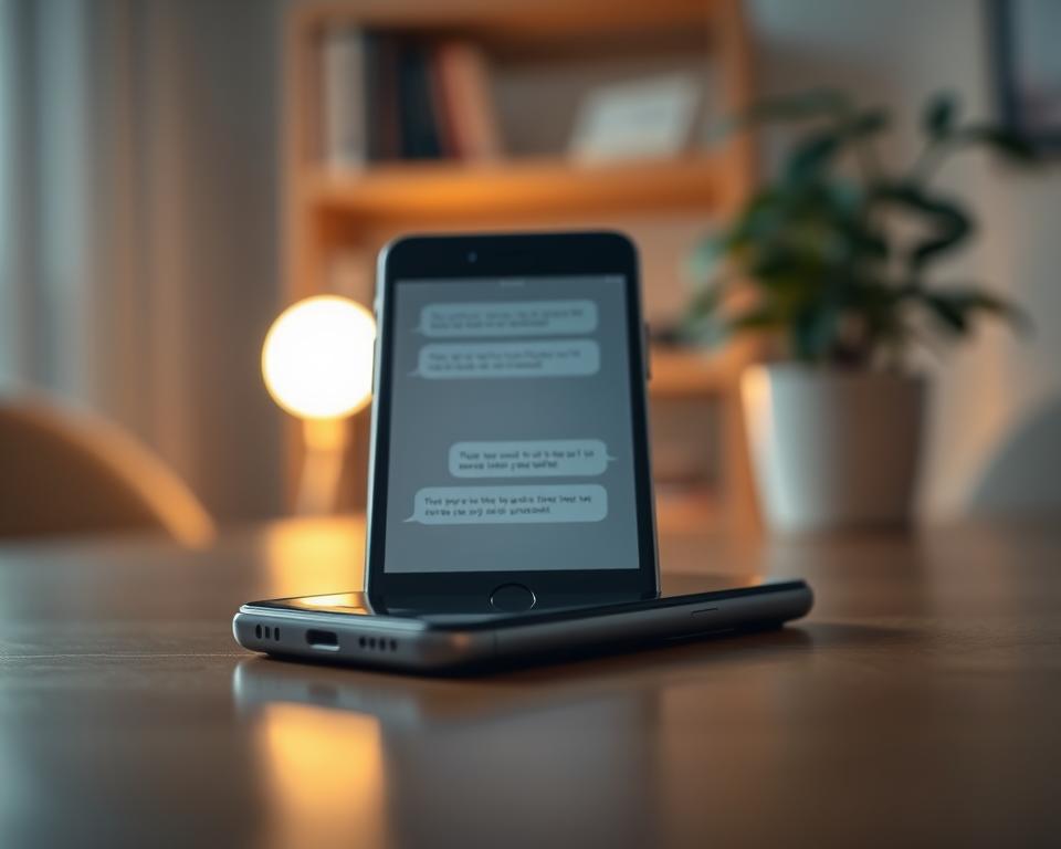 A close-up view of a smartphone on a wooden table, displaying a nearly transparent screen with ghostly outlines of deleted messages, indicating the mystery of lost communication. In the foreground, soft, warm lighting creates a cozy atmosphere, gently illuminating the phone and emphasizing the ethereal quality of the deleted text. In the middle, the phone's screen is slightly tilted to reveal the faint remnants of messages that seem to float out of view. The background features a blurred, serene home office setting, with a soft-focus bookshelf and a potted plant, enhancing the feeling of an inviting yet enigmatic space. The overall mood is contemplative, inviting viewers to ponder the significance of lost messages and the technology meant to retrieve them.