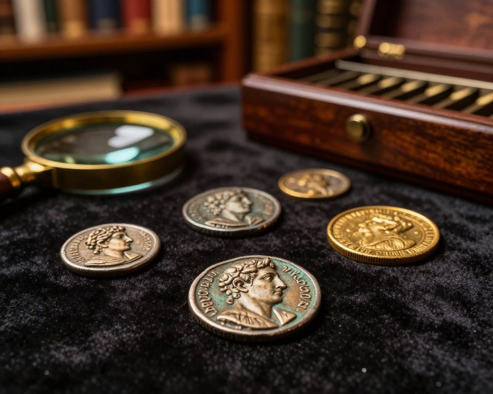A close-up view of rare ancient coins from various cultures, elegantly displayed on a dark velvet cloth. In the foreground, showcase a Roman coin featuring the likeness of an emperor, shining with patina revealing its age and history. In the middle, include a Greek drachma, intricately detailed, alongside a medieval gold coin. Scatter a few antique magnifying glasses and a wooden coin sorter around to suggest an atmosphere of exploration and value assessment. The background should be softly blurred, hinting at a cozy study filled with shelves of books and artifacts, illuminated by warm ambient lighting that casts gentle shadows, creating a nostalgic and inviting mood. The composition should evoke intrigue and the allure of discovering the hidden worth of ancient treasures.