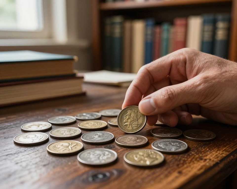 A collection of vintage coins displayed prominently on an antique wooden table in the foreground, each coin exhibiting intricate designs and aged patinas. In the middle, a pair of hands gently examining one coin under natural light, emphasizing the details and unique markings. In the background, a softly blurred bookshelf filled with numismatic books and coin catalogs creates a warm, scholarly atmosphere. The scene is illuminated by soft, diffused light coming from a nearby window, casting gentle shadows that enhance the textures of the coins and table. The overall mood should be one of discovery and curiosity, inviting the viewer to explore the hidden value of their own antique coins. A collection of vintage coins displayed prominently on an antique wooden table in the foreground, each coin exhibiting intricate designs and aged patinas. In the middle, a pair of hands gently examining one coin under natural light, emphasizing the details and unique markings. In the background, a softly blurred bookshelf filled with numismatic books and coin catalogs creates a warm, scholarly atmosphere. The scene is illuminated by soft, diffused light coming from a nearby window, casting gentle shadows that enhance the textures of the coins and table. The overall mood should be one of discovery and curiosity, inviting the viewer to explore the hidden value of their own antique coins.
