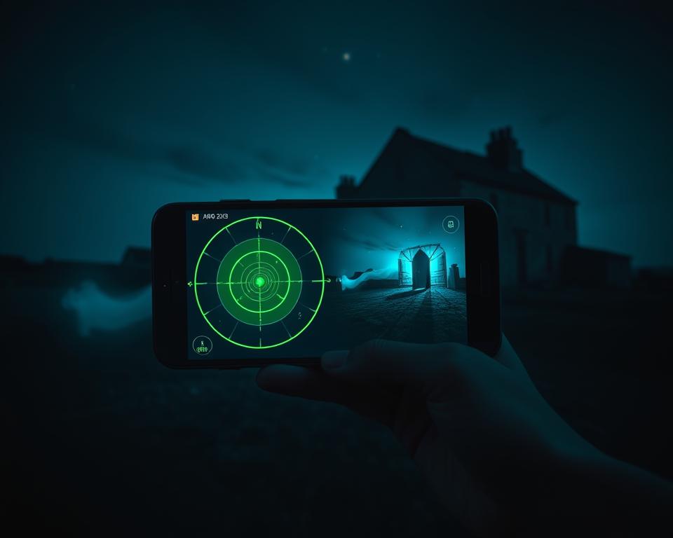 A dark, atmospheric scene depicting a high-tech Android mobile application interface designed for paranormal investigation. In the foreground, a sleek smartphone displays a ghost detector radar camera interface, featuring a glowing green radar screen with blips representing detected anomalies. The phone is held by a relaxed, modestly dressed individual, who appears intrigued by the screen's imagery. The middle ground showcases a dimly lit room with soft shadows, where ethereal wisps of light hint at ghostly presence. In the background, an old, rustic building is silhouetted against a night sky with faint stars, enhancing the mysterious ambiance. The lighting is moody with cool blue and green tones, suggesting nighttime visibility through a night vision lens, creating a sense of suspense and excitement. A dark, atmospheric scene depicting a high-tech Android mobile application interface designed for paranormal investigation. In the foreground, a sleek smartphone displays a ghost detector radar camera interface, featuring a glowing green radar screen with blips representing detected anomalies. The phone is held by a relaxed, modestly dressed individual, who appears intrigued by the screen's imagery. The middle ground showcases a dimly lit room with soft shadows, where ethereal wisps of light hint at ghostly presence. In the background, an old, rustic building is silhouetted against a night sky with faint stars, enhancing the mysterious ambiance. The lighting is moody with cool blue and green tones, suggesting nighttime visibility through a night vision lens, creating a sense of suspense and excitement.
