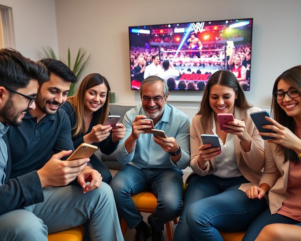 A dynamic and engaging scene showcasing a diverse group of individuals, including men and women dressed in professional casual attire, gathered around modern smartphones. They are depicted in an inviting living room setting, sitting on a comfortable sofa and stools, eagerly watching a vibrant WWE event on their screens. In the background, a large TV displays a wrestling match, adding to the excitement. Bright, warm lighting highlights their expressions of joy and anticipation. The atmosphere is lively and energetic, reflecting the thrill of live sports entertainment. The composition is captured with a close-up angle, highlighting the devices while maintaining the background activity in focus. A dynamic and engaging scene showcasing a diverse group of individuals, including men and women dressed in professional casual attire, gathered around modern smartphones. They are depicted in an inviting living room setting, sitting on a comfortable sofa and stools, eagerly watching a vibrant WWE event on their screens. In the background, a large TV displays a wrestling match, adding to the excitement. Bright, warm lighting highlights their expressions of joy and anticipation. The atmosphere is lively and energetic, reflecting the thrill of live sports entertainment. The composition is captured with a close-up angle, highlighting the devices while maintaining the background activity in focus.