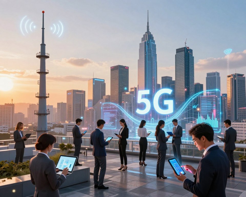 A futuristic cityscape showcasing the essence of 5G technology. In the foreground, sleek antennas with glowing signals radiate towards the sky, symbolizing high-speed connectivity. The middle ground features diverse professionals in business attire, engaging with advanced devices that illustrate seamless communication—tablets, smartphones, and laptops. The background boasts a vibrant skyline with modern buildings, interconnected by holographic data streams and visual representations of 5G connectivity, such as dynamic waveforms and light beams. The scene is illuminated by a bright, optimistic sunset that casts warm hues across the city, creating a mood of innovation and progress. The composition is shot from a slightly elevated angle to capture the bustling energy of the urban environment while keeping the focus on the 5G technology theme. A futuristic cityscape showcasing the essence of 5G technology. In the foreground, sleek antennas with glowing signals radiate towards the sky, symbolizing high-speed connectivity. The middle ground features diverse professionals in business attire, engaging with advanced devices that illustrate seamless communication—tablets, smartphones, and laptops. The background boasts a vibrant skyline with modern buildings, interconnected by holographic data streams and visual representations of 5G connectivity, such as dynamic waveforms and light beams. The scene is illuminated by a bright, optimistic sunset that casts warm hues across the city, creating a mood of innovation and progress. The composition is shot from a slightly elevated angle to capture the bustling energy of the urban environment while keeping the focus on the 5G technology theme.