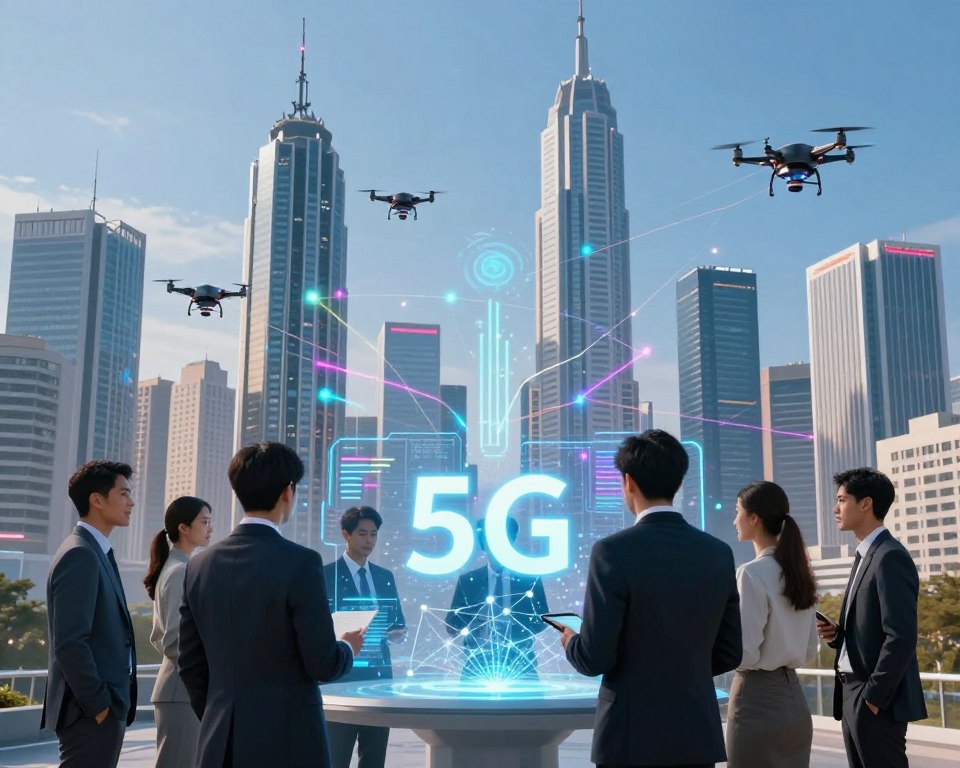 A futuristic cityscape showcasing the impact of 5G technology, with tall, sleek skyscrapers adorned with antennas and glowing network signals. In the foreground, a diverse group of professionals in business attire are gathered around a holographic display, analyzing data speed and connectivity patterns. The middle ground features flying drones and smart devices interconnected through vibrant lines of digital light, symbolizing high-speed communication. The background showcases a clear blue sky, contrasting with the dynamic neon colors of the 5G signals. Bright, focused lighting emphasizes the energy and innovation, while the atmosphere conveys excitement and a sense of transformation in mobile internet capabilities.