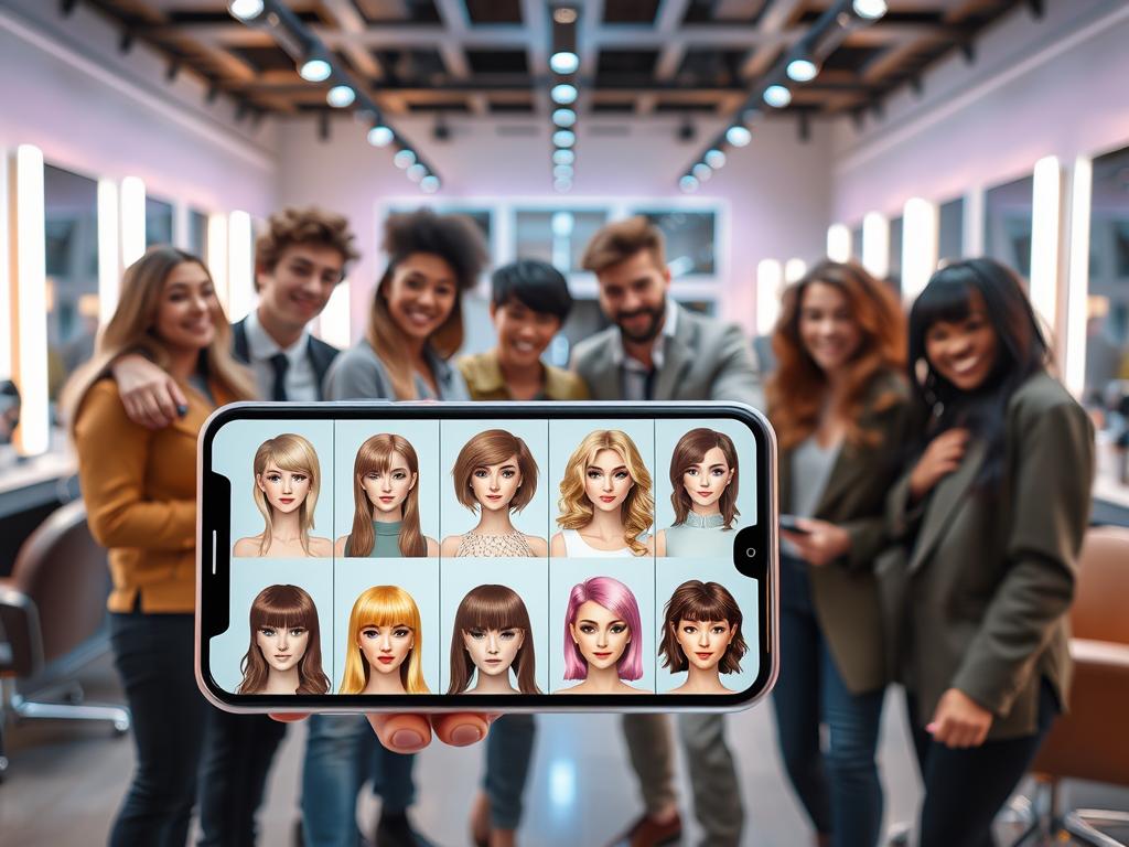 A futuristic hair simulation app interface showcasing diverse hairstyles on a digital screen. In the foreground, a sleek smartphone displays an array of virtual haircuts and colors, with vibrant, realistic textures. The middle ground features a diverse group of young adults, dressed in smart casual attire, interacting enthusiastically with the app, their faces reflecting curiosity and excitement. The background consists of a modern, high-tech salon environment, with bright, ambient lighting illuminating stylish furniture and mirrors. A soft glow emanates from the screens, adding a futuristic vibe. The atmosphere is dynamic and engaging, suggesting innovation and trendsetting in hair fashion. The composition captures the essence of future hair simulation technology, inspiring creativity and confidence in personal style. A futuristic hair simulation app interface showcasing diverse hairstyles on a digital screen. In the foreground, a sleek smartphone displays an array of virtual haircuts and colors, with vibrant, realistic textures. The middle ground features a diverse group of young adults, dressed in smart casual attire, interacting enthusiastically with the app, their faces reflecting curiosity and excitement. The background consists of a modern, high-tech salon environment, with bright, ambient lighting illuminating stylish furniture and mirrors. A soft glow emanates from the screens, adding a futuristic vibe. The atmosphere is dynamic and engaging, suggesting innovation and trendsetting in hair fashion. The composition captures the essence of future hair simulation technology, inspiring creativity and confidence in personal style.