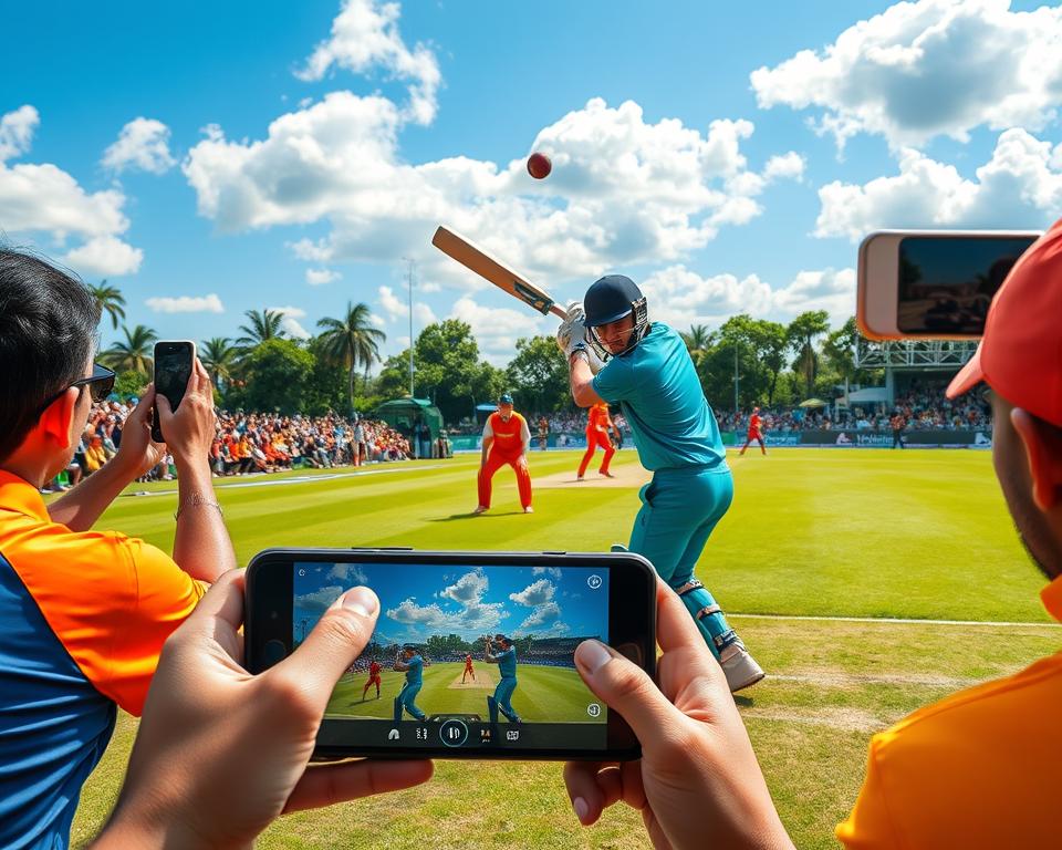 A lively cricket match in progress, showcasing players in vibrant team uniforms, energetically engaging in batting and bowling. In the foreground, a cricketer striking a ball, emphasizing motion and athleticism. The middle ground features a cheering crowd, raising their smartphones to capture the excitement live, with visible expressions of joy and anticipation. The background includes a lush green cricket field under a bright blue sky, with scattered fluffy clouds. The scene is lit with soft, natural light, casting gentle shadows to enhance the vibrant colors. The angle captures the dynamic action from a slightly elevated viewpoint, creating an immersive atmosphere that conveys the thrill of watching cricket live on a mobile device.