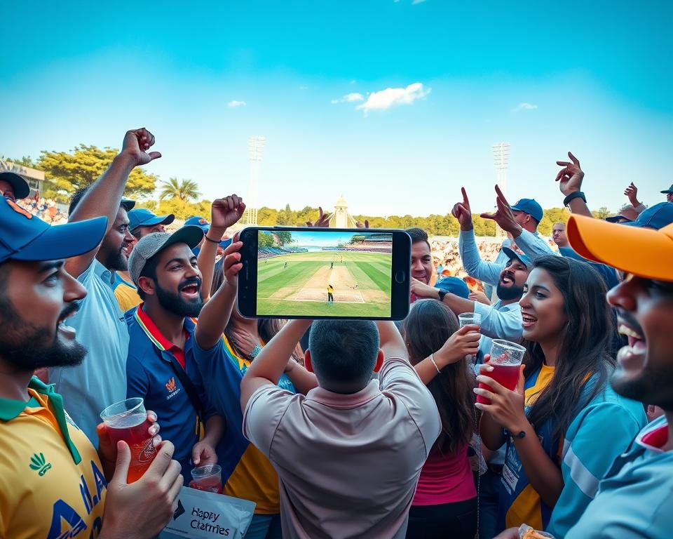 A lively scene depicting a cricket match in progress, centered on an enthusiastic crowd gathered around a large-screen mobile device displaying the live game. In the foreground, diverse fans of various ethnicities, including men and women, wearing casual sports attire, cheer excitedly, holding drinks and snacks. The middle layer showcases the glowing smartphone screen, vividly illustrating players mid-action on the cricket field. In the background, a bright outdoor setting with lush greenery and clear blue skies, creating a vibrant atmosphere. The image is well-lit, capturing the excitement of the moment, as if viewed through a wide-angle lens, emphasizing the energy and community spirit of watching cricket live on mobile apps.