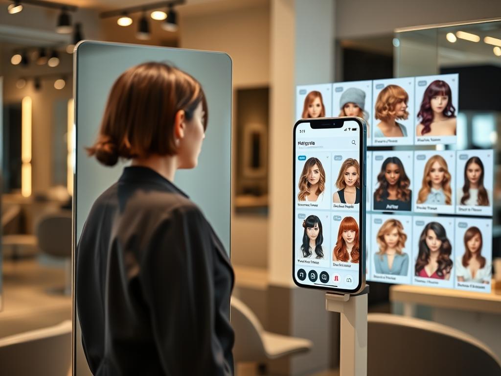 A modern digital hair salon showcasing an array of diverse hairstyles on a sleek, virtual interface. In the foreground, a professional-looking model with modest casual clothing is examining their reflection in a virtual mirror, showcasing a versatile selection of hairstyles: trendy bobs, elegant updos, and flowing curls. In the middle, a well-designed app interface displays before-and-after images of various haircuts, with options for hair color changes. The background features a stylishly lit salon environment, with soft, warm lighting highlighting the sleek design and vibrant hair colors. The overall mood is inviting and innovative, encouraging users to explore new looks confidently. A shallow depth of field focuses on the model and the app, creating an engaging composition. A modern digital hair salon showcasing an array of diverse hairstyles on a sleek, virtual interface. In the foreground, a professional-looking model with modest casual clothing is examining their reflection in a virtual mirror, showcasing a versatile selection of hairstyles: trendy bobs, elegant updos, and flowing curls. In the middle, a well-designed app interface displays before-and-after images of various haircuts, with options for hair color changes. The background features a stylishly lit salon environment, with soft, warm lighting highlighting the sleek design and vibrant hair colors. The overall mood is inviting and innovative, encouraging users to explore new looks confidently. A shallow depth of field focuses on the model and the app, creating an engaging composition.