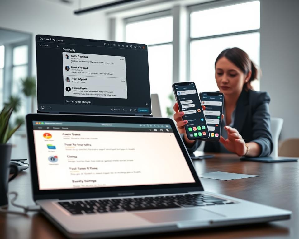 A modern digital workspace scene illustrating data recovery techniques for deleted messages. In the foreground, a sleek laptop with the screen displaying a recovery software interface, showing recovered messages with a glowing effect. On the middle layer, a smartphone displaying incoming notifications from various messaging apps, emphasizing alerts and updates. The background features a clean, bright office environment with soft natural lighting streaming through a window, casting gentle shadows on the desk. The mood is focused and informative, inviting viewers to delve into the intricacies of message recovery. A professional woman in business attire is intently analyzing the laptop, adding a human element that signifies expertise in technology. The view is from a slightly elevated angle, creating depth in the composition.
