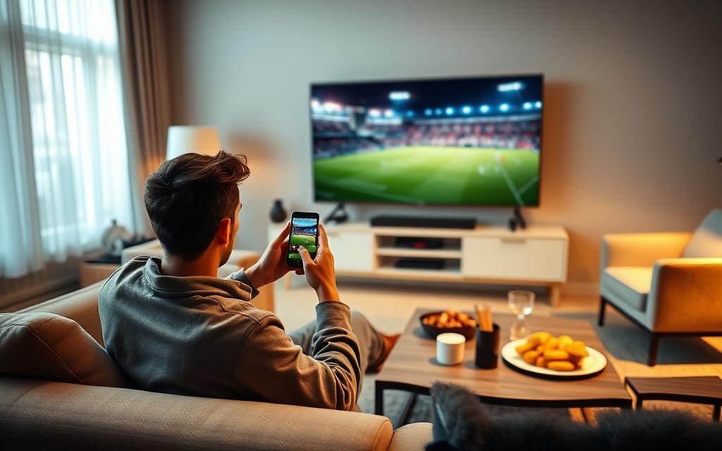 A modern living room scene with a person sitting comfortably on a couch, intently watching a football match on their smartphone. The foreground features the individual, dressed in casual attire, holding the phone with an animated expression. In the middle, a stylish coffee table with snacks and drinks is visible, enhancing the relaxed atmosphere. The background showcases a large TV turned off, indicating the preference for mobile viewing. Soft, warm lighting illuminates the room, creating an inviting mood. The overall ambiance is lively and engaging, reflecting the excitement of enjoying football through mobile apps, while ensuring a clean and professional look without any distractions or text elements.