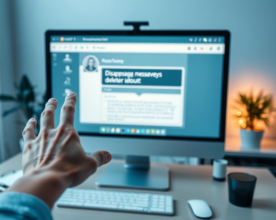 A modern, sleek digital workspace displaying a computer screen showing a recovery tool interface for deleted messages. In the foreground, a hand is reaching towards the screen, with soft office equipment in the background, including a plant and stationery. The middle ground focuses on the monitor, where binary code and an animation of disappearing text signal the concept of message recovery. Soft, ambient lighting creates a calm and sophisticated atmosphere, while a slight depth of field blurs the background slightly to emphasize the act of recovering deleted conversations. The color palette is a mix of cool blues and warm neutrals, evoking a sense of professionalism and technology. The angle is slightly tilted to enhance the dynamic focus on the screen.