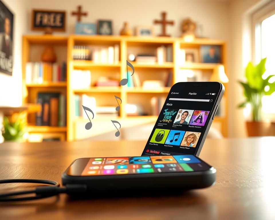 A serene and inviting workspace featuring a smartphone displaying vibrant screens of various free Christian music apps, such as playlists and album covers, in the foreground. The middle ground includes soft music notes swirling gently around the phone, symbolizing uplifting melodies. In the background, there's a warm, sunlit room with shelves filled with Christian-themed books and decorations, casting a peaceful glow, indicative of a spiritual atmosphere. The lighting is bright but soft, evoking a sense of joy and inspiration. The overall mood reflects a positive and motivating environment, perfect for daily inspiration through music. Ensure no people or text are present in the scene. A serene and inviting workspace featuring a smartphone displaying vibrant screens of various free Christian music apps, such as playlists and album covers, in the foreground. The middle ground includes soft music notes swirling gently around the phone, symbolizing uplifting melodies. In the background, there's a warm, sunlit room with shelves filled with Christian-themed books and decorations, casting a peaceful glow, indicative of a spiritual atmosphere. The lighting is bright but soft, evoking a sense of joy and inspiration. The overall mood reflects a positive and motivating environment, perfect for daily inspiration through music. Ensure no people or text are present in the scene.