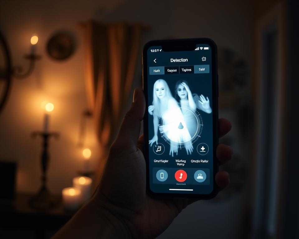 A sleek and modern ghost detection app interface displayed on a smartphone, held by a person wearing modest casual clothing. In the foreground, the smartphone screen glows softly, showcasing a vivid graphical representation of ghostly apparitions with an array of detection tools like a ghost radar and temperature gauge. In the middle ground, there are subtle shadows and light effects that suggest a mysterious, slightly eerie atmosphere. The background features a dimly lit room with atmospheric elements like flickering candles and ghostly silhouettes, hinting at spectral activity. Soft, ambient lighting creates an inviting yet suspenseful mood, emphasizing safety and caution in paranormal exploration. The image is framed at a slight angle to give depth and allure, inviting viewers to engage with the theme of ghost hunting firmly grounded in safety. A sleek and modern ghost detection app interface displayed on a smartphone, held by a person wearing modest casual clothing. In the foreground, the smartphone screen glows softly, showcasing a vivid graphical representation of ghostly apparitions with an array of detection tools like a ghost radar and temperature gauge. In the middle ground, there are subtle shadows and light effects that suggest a mysterious, slightly eerie atmosphere. The background features a dimly lit room with atmospheric elements like flickering candles and ghostly silhouettes, hinting at spectral activity. Soft, ambient lighting creates an inviting yet suspenseful mood, emphasizing safety and caution in paranormal exploration. The image is framed at a slight angle to give depth and allure, inviting viewers to engage with the theme of ghost hunting firmly grounded in safety.