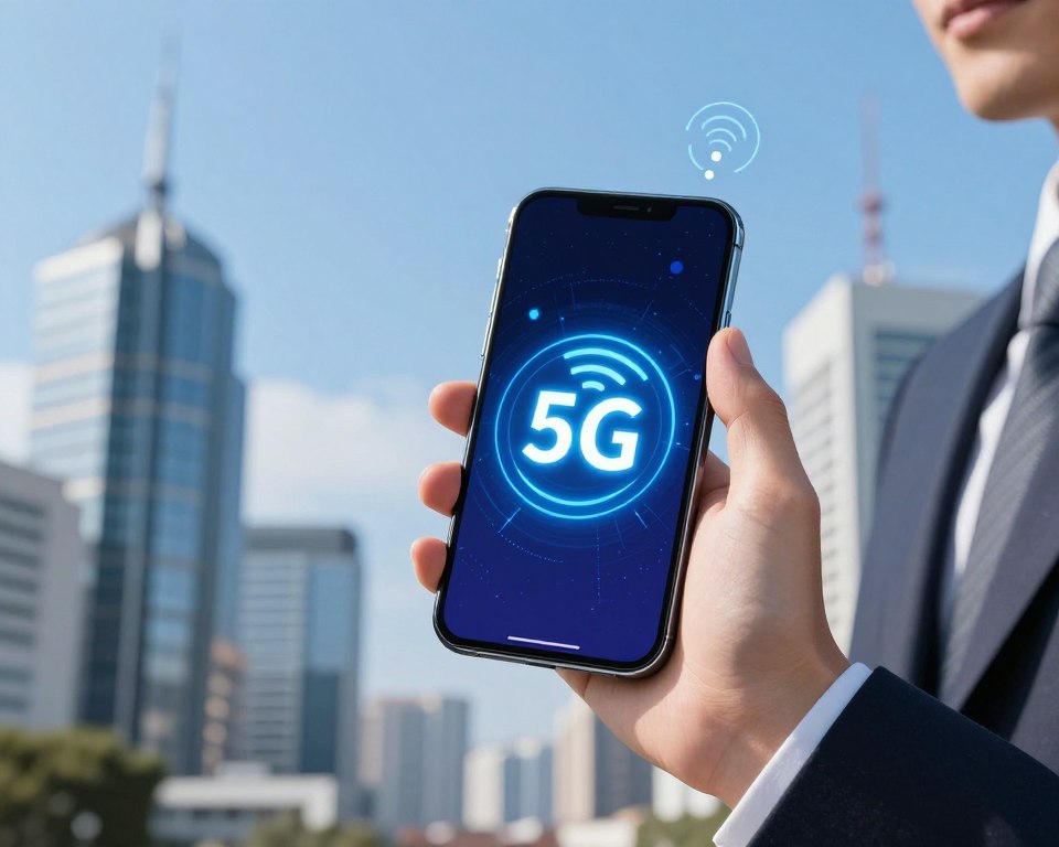 A sleek modern smartphone displaying a vibrant 5G connectivity symbol on its screen, held by a person dressed in professional business attire in the foreground. The background features a softly blurred urban scene with high-tech skyscrapers and antennas emitting signals, representing advanced mobile technology. The lighting is bright and dynamic, creating an energetic atmosphere that conveys innovation and progress. A clear blue sky enhances the mood of connectivity and speed, while the angle captures the smartphone at an engaging perspective, drawing attention to the 5G feature. The overall composition emphasizes the theme of enhancing mobile internet experience through the latest technology developments.