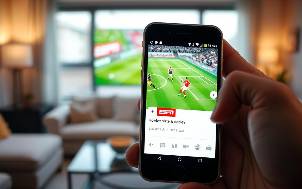 A smartphone displaying a live soccer match on the ESPN app, held in a person's hand. The foreground should feature the phone prominently, showing a vibrant and dynamic soccer game on the screen, with players in action. In the middle ground, show a blurred background of a living room setting, with soft ambient lighting creating a cozy atmosphere. Include a comfortable couch and a warm color palette to enhance the feeling of relaxation while watching sports. The overall mood should convey excitement and engagement, emphasizing the enjoyment of watching high-quality sports broadcasts on mobile devices. The angle should be slightly above the phone to capture both the screen and the atmosphere of the room effectively. A smartphone displaying a live soccer match on the ESPN app, held in a person's hand. The foreground should feature the phone prominently, showing a vibrant and dynamic soccer game on the screen, with players in action. In the middle ground, show a blurred background of a living room setting, with soft ambient lighting creating a cozy atmosphere. Include a comfortable couch and a warm color palette to enhance the feeling of relaxation while watching sports. The overall mood should convey excitement and engagement, emphasizing the enjoyment of watching high-quality sports broadcasts on mobile devices. The angle should be slightly above the phone to capture both the screen and the atmosphere of the room effectively.