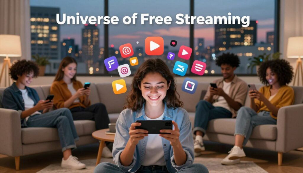 A vibrant depiction of the "Universe of Free Streaming," centered on a diverse group of people enjoying content on their mobile devices. In the foreground, a young woman in casual attire smiles while streaming a show on her phone, surrounded by an array of colorful streaming icons floating above her. The middle layer features a cozy living room scene with another individual casually sitting on a couch, browsing through various apps. The background showcases a lively cityscape at dusk, with glowing windows symbolizing connectedness and entertainment. Soft, warm ambient lighting enhances a feeling of relaxation and community. Capture a sense of excitement and accessibility in this modern digital landscape. A vibrant depiction of the "Universe of Free Streaming," centered on a diverse group of people enjoying content on their mobile devices. In the foreground, a young woman in casual attire smiles while streaming a show on her phone, surrounded by an array of colorful streaming icons floating above her. The middle layer features a cozy living room scene with another individual casually sitting on a couch, browsing through various apps. The background showcases a lively cityscape at dusk, with glowing windows symbolizing connectedness and entertainment. Soft, warm ambient lighting enhances a feeling of relaxation and community. Capture a sense of excitement and accessibility in this modern digital landscape.