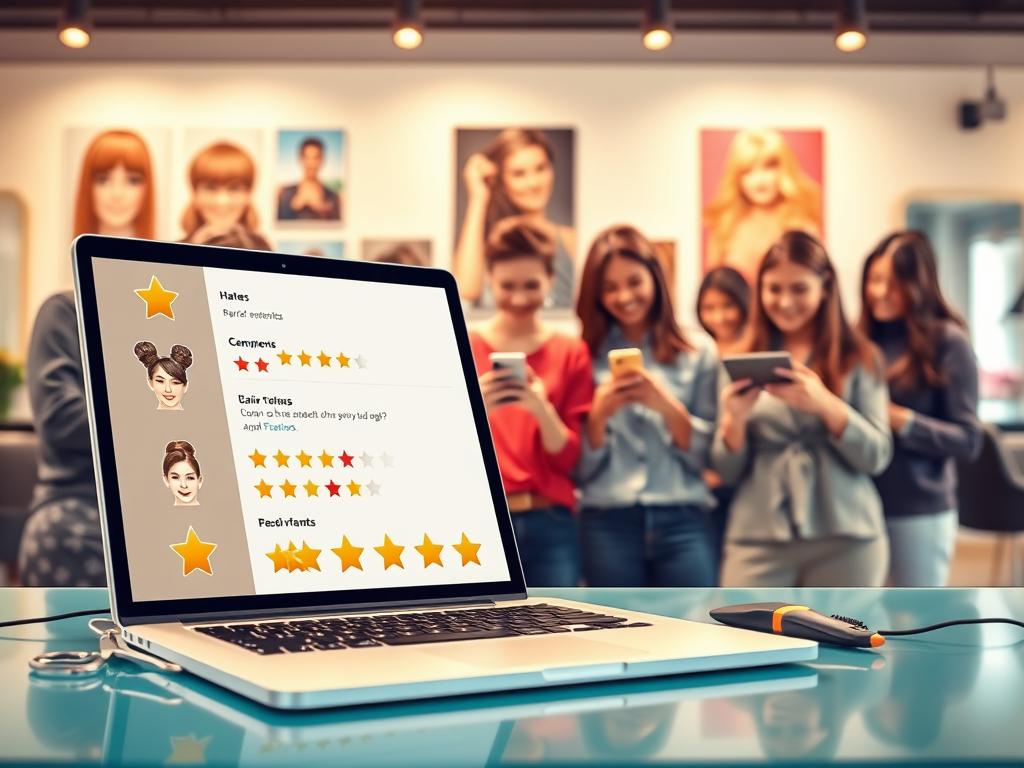 A vibrant digital illustration depicting user evaluations and feedback for a hair cutting simulation app. In the foreground, an open laptop displays various colorful star ratings and user comments, surrounded by hair styling tools like scissors and a comb. In the middle, a diverse group of smiling users, wearing modest casual clothing, enthusiastically interact with their smartphones, showcasing their satisfaction. In the background, a blurred view of a modern, well-lit salon environment with hair posters and mirrors creates an inviting atmosphere. The lighting is warm and bright, suggesting a positive experience, captured from a slightly elevated angle to give depth to the scene. The overall mood is cheerful and engaging, emphasizing the value of user feedback in an interactive, tech-friendly setting. A vibrant digital illustration depicting user evaluations and feedback for a hair cutting simulation app. In the foreground, an open laptop displays various colorful star ratings and user comments, surrounded by hair styling tools like scissors and a comb. In the middle, a diverse group of smiling users, wearing modest casual clothing, enthusiastically interact with their smartphones, showcasing their satisfaction. In the background, a blurred view of a modern, well-lit salon environment with hair posters and mirrors creates an inviting atmosphere. The lighting is warm and bright, suggesting a positive experience, captured from a slightly elevated angle to give depth to the scene. The overall mood is cheerful and engaging, emphasizing the value of user feedback in an interactive, tech-friendly setting.