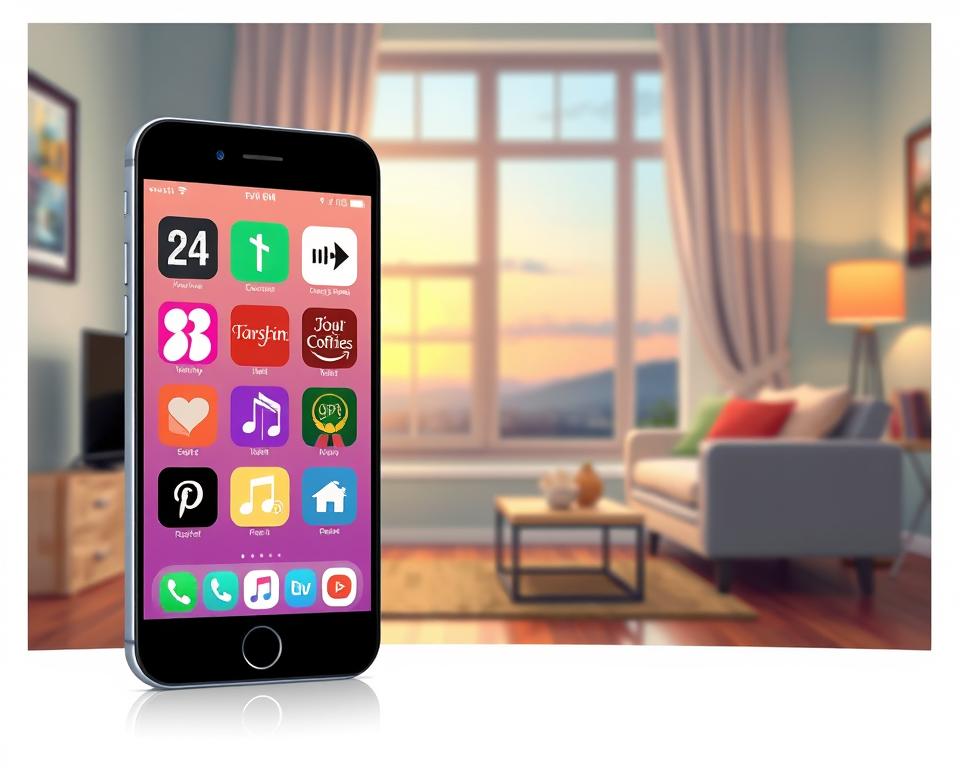 A vibrant digital illustration of a smartphone displaying various Christian music app icons, set against a serene background. In the foreground, the phone's screen is bright and engaging, showcasing recognizable app designs centered around gospel, worship, and praise music. The middle ground features a cozy living room setting, with soft natural light streaming in through a window, casting a warm glow on the scene. In the background, a subtle evening sky can be seen, suggesting a peaceful, reflective atmosphere. The overall mood conveys joy and inspiration, inviting viewers to explore the world of Christian music apps. The composition is vibrant and inviting, capturing a sense of community and faith. A vibrant digital illustration of a smartphone displaying various Christian music app icons, set against a serene background. In the foreground, the phone's screen is bright and engaging, showcasing recognizable app designs centered around gospel, worship, and praise music. The middle ground features a cozy living room setting, with soft natural light streaming in through a window, casting a warm glow on the scene. In the background, a subtle evening sky can be seen, suggesting a peaceful, reflective atmosphere. The overall mood conveys joy and inspiration, inviting viewers to explore the world of Christian music apps. The composition is vibrant and inviting, capturing a sense of community and faith.