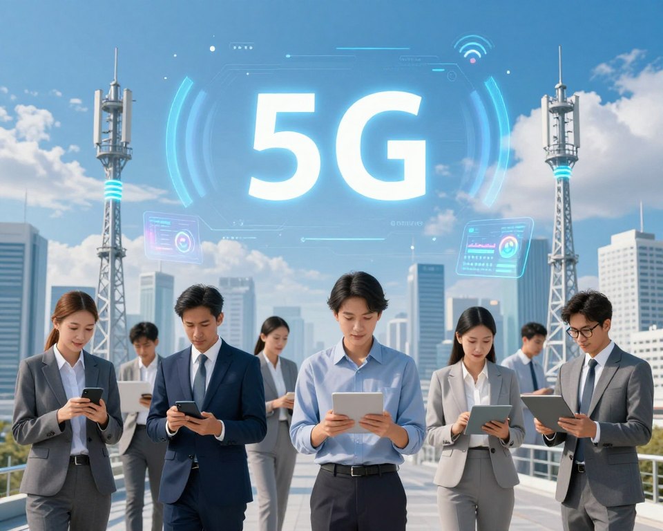 A vibrant, futuristic cityscape showcasing the advantages of 5G technology. In the foreground, a diverse group of professionals in business attire is engaged with various devices like smartphones, tablets, and laptops, illustrating seamless connectivity. In the middle ground, sleek 5G towers with glowing signals emit waves of connectivity throughout the urban environment, merging with holographic displays of data speed and efficiency hovering above. The background features a clear blue sky with dynamic clouds, symbolizing innovation and progress. The lighting is bright and inviting, emphasizing a sense of optimism and technological advancement. The composition should evoke a mood of excitement and modernity, highlighting the transformative benefits of 5G in everyday life. A vibrant, futuristic cityscape showcasing the advantages of 5G technology. In the foreground, a diverse group of professionals in business attire is engaged with various devices like smartphones, tablets, and laptops, illustrating seamless connectivity. In the middle ground, sleek 5G towers with glowing signals emit waves of connectivity throughout the urban environment, merging with holographic displays of data speed and efficiency hovering above. The background features a clear blue sky with dynamic clouds, symbolizing innovation and progress. The lighting is bright and inviting, emphasizing a sense of optimism and technological advancement. The composition should evoke a mood of excitement and modernity, highlighting the transformative benefits of 5G in everyday life.