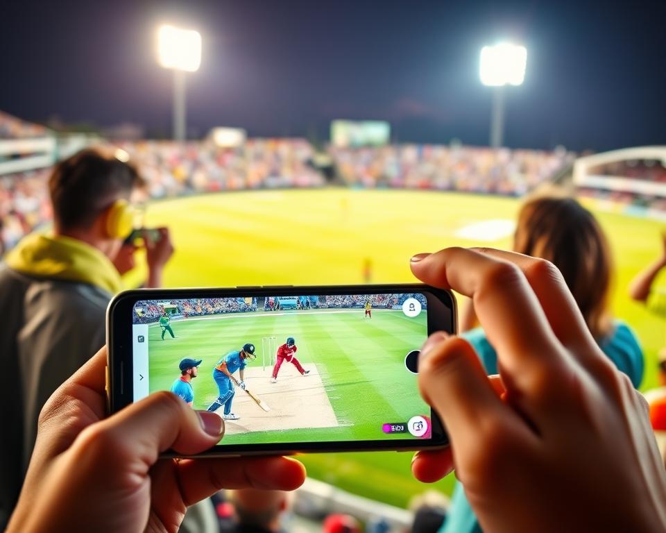 A vibrant scene capturing a live cricket match on a mobile device. In the foreground, a close-up of a smartphone displaying an exciting cricket game, with players in action, wearing colorful jerseys. The middle ground features a joyful crowd, with a diverse group of spectators clapping and cheering, showcasing enthusiasm. In the background, a lush green cricket field, with bright stadium lights illuminating the scene, adding a dynamic atmosphere. The image should have a warm and lively tone, emphasizing the excitement of watching cricket live. Use a slight depth of field to focus on the smartphone, with soft-focus elements in the crowd for added depth.