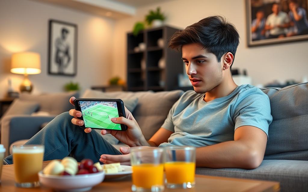 A vibrant scene depicting a young adult seated comfortably in a modern living room, focused on their smartphone, which displays a live football match via a streaming app. The individual is casually dressed, exuding excitement and engagement as the game unfolds on the screen. In the foreground, a coffee table holds snacks and drinks, emphasizing a casual viewing atmosphere. The middle ground captures the vibrant glow of the phone screen reflecting on the person's face, highlighting the intensity of the match. The background showcases a cozy, well-decorated room with soft lighting that creates a warm, inviting ambiance. The overall mood is lively and thrilling, embodying the revolution of watching football on mobile devices without ads, immersing the viewer in the essence of modern sports enjoyment. A vibrant scene depicting a young adult seated comfortably in a modern living room, focused on their smartphone, which displays a live football match via a streaming app. The individual is casually dressed, exuding excitement and engagement as the game unfolds on the screen. In the foreground, a coffee table holds snacks and drinks, emphasizing a casual viewing atmosphere. The middle ground captures the vibrant glow of the phone screen reflecting on the person's face, highlighting the intensity of the match. The background showcases a cozy, well-decorated room with soft lighting that creates a warm, inviting ambiance. The overall mood is lively and thrilling, embodying the revolution of watching football on mobile devices without ads, immersing the viewer in the essence of modern sports enjoyment.