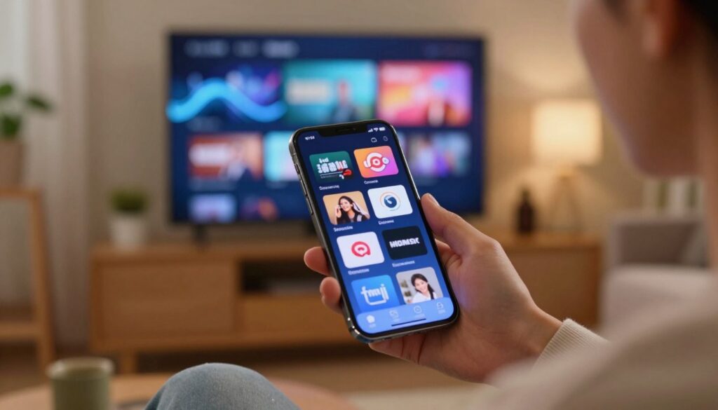 A vibrant scene showcasing a variety of streaming platforms on a modern smartphone screen, held by a person dressed in smart casual attire. In the foreground, the smartphone displays icons of popular streaming services, illuminated with a soft glow, reflecting a sense of excitement and modern technology. The middle layer features a cozy living room environment, with a comfortable couch and soft lighting, inviting viewers into the world of online entertainment. The background includes abstract representations of digital waves and multimedia elements, symbolizing the abundance of content available online. The overall atmosphere conveys warmth, accessibility, and the joy of enjoying television on the go, with a subtle bokeh effect to enhance focus on the smartphone. A vibrant scene showcasing a variety of streaming platforms on a modern smartphone screen, held by a person dressed in smart casual attire. In the foreground, the smartphone displays icons of popular streaming services, illuminated with a soft glow, reflecting a sense of excitement and modern technology. The middle layer features a cozy living room environment, with a comfortable couch and soft lighting, inviting viewers into the world of online entertainment. The background includes abstract representations of digital waves and multimedia elements, symbolizing the abundance of content available online. The overall atmosphere conveys warmth, accessibility, and the joy of enjoying television on the go, with a subtle bokeh effect to enhance focus on the smartphone.