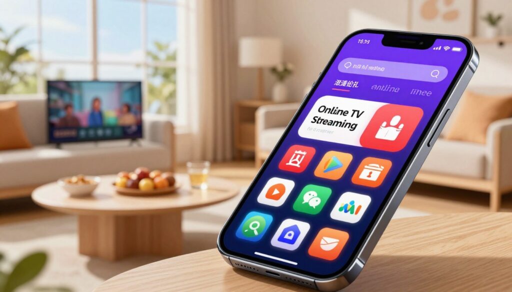 A vibrant scene showcasing various online TV streaming platforms designed for mobile devices. In the foreground, a modern smartphone displays an array of popular streaming app icons, glowing in rich colors. The middle ground features a cozy living room setting, with a soft couch and a coffee table holding snacks, emphasizing a relaxed, inviting atmosphere. In the background, a large window reveals a sunny day outside, with light streaming in, creating a warm ambiance. The lighting is bright and cheerful, highlighting the technology and comfort of mobile viewing. The angle is slightly tilted from above, giving a dynamic perspective. The mood is fun and engaging, perfect for illustrating the convenience of watching live TV on the go. A vibrant scene showcasing various online TV streaming platforms designed for mobile devices. In the foreground, a modern smartphone displays an array of popular streaming app icons, glowing in rich colors. The middle ground features a cozy living room setting, with a soft couch and a coffee table holding snacks, emphasizing a relaxed, inviting atmosphere. In the background, a large window reveals a sunny day outside, with light streaming in, creating a warm ambiance. The lighting is bright and cheerful, highlighting the technology and comfort of mobile viewing. The angle is slightly tilted from above, giving a dynamic perspective. The mood is fun and engaging, perfect for illustrating the convenience of watching live TV on the go.