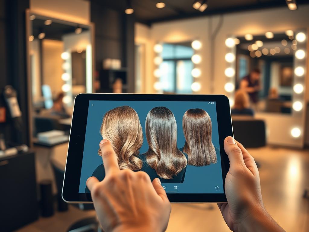 A visually engaging image showcasing a side-by-side comparison of hair simulation apps on a sleek tablet screen. In the foreground, a hand interacts with the tablet, selecting various hairstyles for a virtual makeover. In the middle ground, three distinct hairstyles appear, each showcasing a different length and color, displayed in vibrant detail. The background features a modern salon setting with stylish decor, mirrors reflecting soft lighting, and hair styling tools neatly arranged. The atmosphere is inviting and professional, evoking a sense of creativity and innovation in hairstyle selection. The lighting is warm and evenly distributed, enhancing the colors of the hair and the tablet’s screen. The image should convey a tech-savvy feel, emphasizing the digital transformation of hair styling. A visually engaging image showcasing a side-by-side comparison of hair simulation apps on a sleek tablet screen. In the foreground, a hand interacts with the tablet, selecting various hairstyles for a virtual makeover. In the middle ground, three distinct hairstyles appear, each showcasing a different length and color, displayed in vibrant detail. The background features a modern salon setting with stylish decor, mirrors reflecting soft lighting, and hair styling tools neatly arranged. The atmosphere is inviting and professional, evoking a sense of creativity and innovation in hairstyle selection. The lighting is warm and evenly distributed, enhancing the colors of the hair and the tablet’s screen. The image should convey a tech-savvy feel, emphasizing the digital transformation of hair styling.