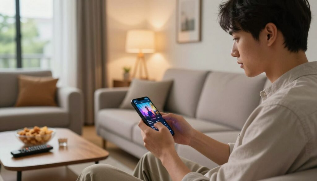A young adult, dressed in smart casual attire, sits comfortably on a modern sofa in a cozy living room, engrossed in streaming content on their smartphone. The foreground features the sleek phone displaying a colorful movie scene. In the middle, a coffee table holds snacks and a remote control, hinting at a relaxed viewing experience. The background showcases soft ambient lighting from stylish lamps, with walls adorned with framed art that adds warmth to the atmosphere. A window reveals a serene outdoor setting with green trees, hinting at a bright day. The overall mood is inviting and casual, perfectly reflecting the contemporary enjoyment of television streaming on mobile devices. A young adult, dressed in smart casual attire, sits comfortably on a modern sofa in a cozy living room, engrossed in streaming content on their smartphone. The foreground features the sleek phone displaying a colorful movie scene. In the middle, a coffee table holds snacks and a remote control, hinting at a relaxed viewing experience. The background showcases soft ambient lighting from stylish lamps, with walls adorned with framed art that adds warmth to the atmosphere. A window reveals a serene outdoor setting with green trees, hinting at a bright day. The overall mood is inviting and casual, perfectly reflecting the contemporary enjoyment of television streaming on mobile devices.