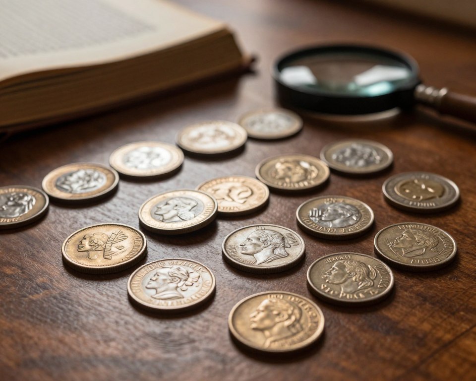 An artistic display of rare and antique Brazilian coins arranged elegantly on a polished wooden table. In the foreground, zoom in on intricately designed coins showcasing their unique textures and historical engravings, such as the iconic Cruzeiro and the rare 1000 Reis. The middle ground features a soft, warm lighting that highlights the coins’ metallic luster, creating reflections that add to their allure. In the background, softly blurred antique books and a magnifying glass create an atmosphere of nostalgia and exploration, inviting viewers to discover the stories behind each coin. The scene captures a serene, educational mood, emphasizing the beauty and value of these historical treasures.
