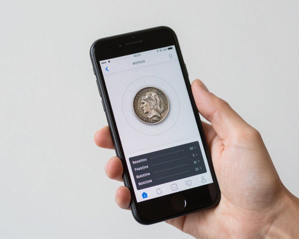 Uma mão segurando um smartphone moderno focado em uma moeda de prata antiga sobre um fundo neutro, a tela do celular exibe um gráfico de reconhecimento circular e dados técnicos, iluminação de estúdio, alta resolução.