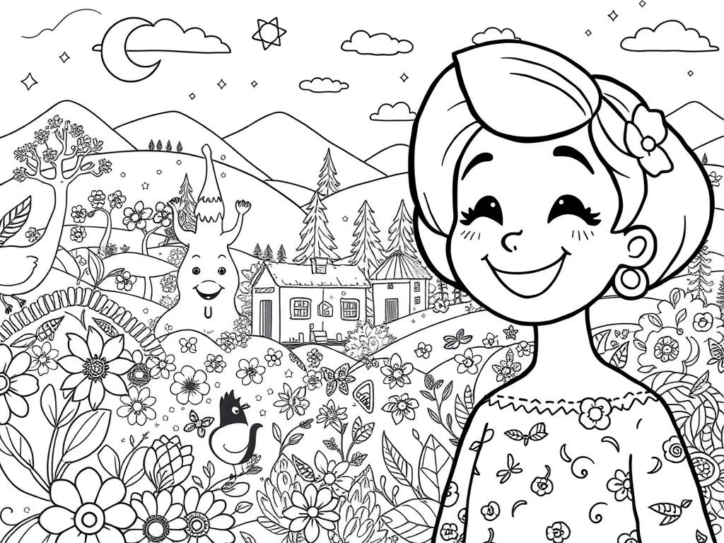 A beautifully designed coloring book page featuring Bobbie Goods, a stylized character with a cheerful expression, surrounded by intricate designs such as floral patterns, whimsical animals, and enchanting landscapes. In the foreground, Bobbie is partially illustrated, showcasing spaces for coloring. The middle ground contains various fun and playful elements like cartoonish trees and friendly creatures that invite creativity. The background is a soft, dreamy landscape with light pastel colors, creating an inviting atmosphere. The image is well-lit with bright, natural lighting, capturing the essence of a cozy day spent coloring. The overall mood is joyful and imaginative, perfect for inspiring creativity and artistic expression.