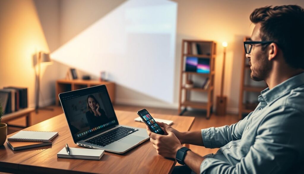 A cozy, well-lit home office scene showcasing a person in smart casual clothing, focused on configuring a smartphone app that transforms their device into a projector. In the foreground, the individual is sitting at a stylish wooden desk with a smartphone in one hand and a laptop open in front of them, displaying the app interface. In the middle ground, a neatly arranged workspace with books, a notepad, and a cup of coffee. In the background, a blank wall with a projector beam illuminating colorful images, illustrating the app's capabilities. The overall atmosphere is inviting and productive, with warm lighting casting soft shadows, emphasizing the transformative power of technology.