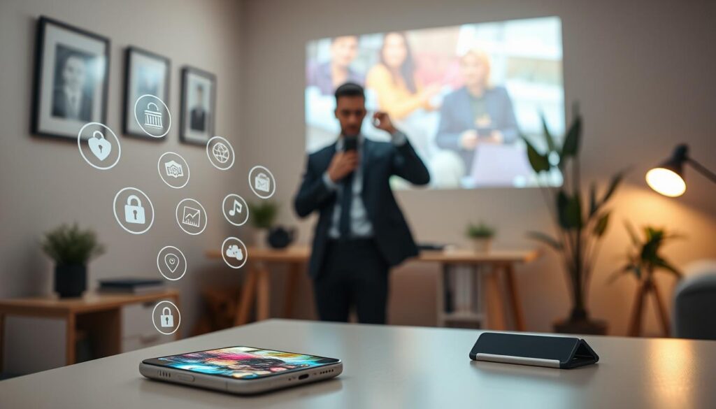 A creative workspace scene featuring a modern smartphone transformed into a compact projector, casting vibrant visuals onto a wall in a cozy, well-lit home office. In the foreground, the smartphone stands on a sleek desk, surrounded by security icons and privacy symbols that represent digital safety. The middle ground includes a person dressed in business attire, attentively adjusting the focus of the projected image, emphasizing user interaction and engagement with the technology. The background reveals a calming environment, with soft lighting and a few indoor plants, contributing to an atmosphere of innovation and security. The overall mood should be professional yet inviting, highlighting the harmonious blend of technology and safety.