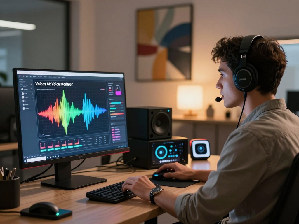 A futuristic digital workspace showcasing "Voices AI: Voice Modifier." In the foreground, a sleek computer monitor displays visualizations of sound waves in vibrant colors, with digital icons representing voice modulation features. A professional, focus-driven individual in smart casual attire is seated, wearing headphones, intently adjusting the settings on the screen. In the middle ground, various sound equipment and voice modulation devices are neatly organized, surrounded by soft, ambient lighting that creates a focused atmosphere. The background features a modern office space with abstract art that hints at technology and creativity, bathed in a warm, inviting glow to evoke an innovative and encouraging mood. The overall composition conveys an air of professional efficiency and technological advancement, perfect for illustrating voice modification applications.