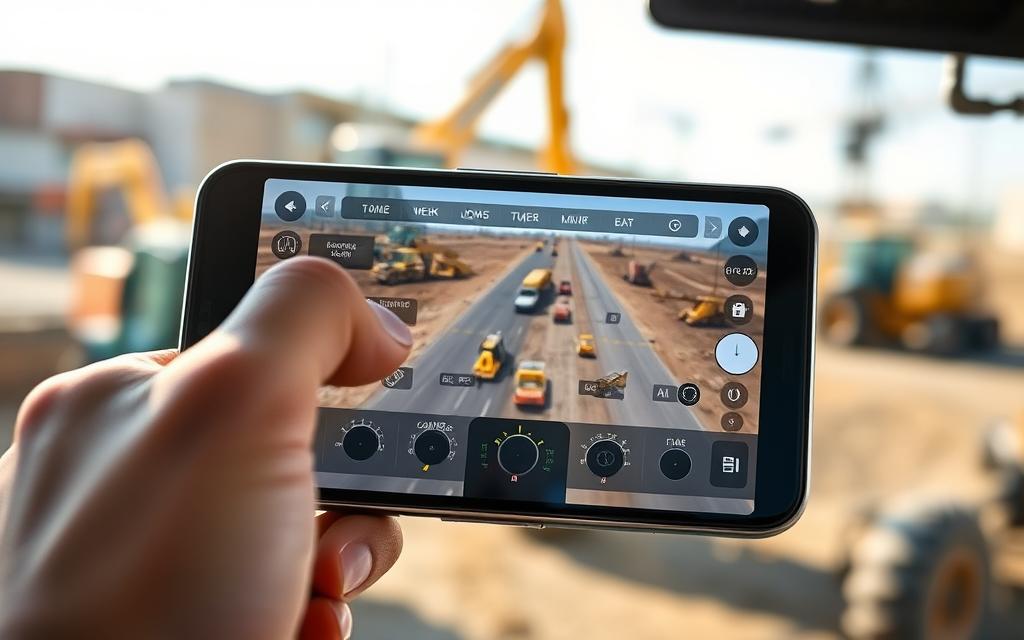 A modern mobile device displaying a realistic heavy machinery simulator interface, featuring detailed controls for operating various types of heavy equipment such as excavators, bulldozers, and cranes. In the foreground, showcase a hand interacting with the simulator, emphasizing the touchscreen functionality. The middle ground should include a semi-transparent overlay of construction site graphics, creating a dynamic feel of productivity. In the background, depict a partially blurred construction site with heavy machinery in action, bathed in natural sunlight. Use a slight angle to provide depth, giving a view of the device against the vibrant scene. The overall atmosphere should be engaging and energetic, inviting viewers to explore the possibilities of operating heavy machinery found in a mobile simulator. A modern mobile device displaying a realistic heavy machinery simulator interface, featuring detailed controls for operating various types of heavy equipment such as excavators, bulldozers, and cranes. In the foreground, showcase a hand interacting with the simulator, emphasizing the touchscreen functionality. The middle ground should include a semi-transparent overlay of construction site graphics, creating a dynamic feel of productivity. In the background, depict a partially blurred construction site with heavy machinery in action, bathed in natural sunlight. Use a slight angle to provide depth, giving a view of the device against the vibrant scene. The overall atmosphere should be engaging and energetic, inviting viewers to explore the possibilities of operating heavy machinery found in a mobile simulator.
