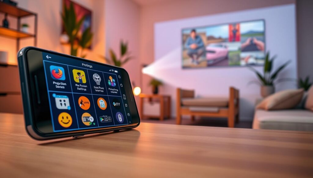 A modern smartphone displaying various free projection apps on its screen, set on a sleek wooden desk. In the foreground, the smartphone is positioned with an angled perspective, showcasing a vibrant interface filled with colorful app icons and projection settings. In the mid-ground, a projector beam enters the scene, casting vivid images onto a white wall, illustrating the projection capabilities. The background features a cozy room with soft ambient lighting, highlighting some indoor plants and a comfortable chair. The overall atmosphere is inviting and tech-savvy, with warm light creating a sense of innovation and accessibility in transforming the smartphone into a projector.