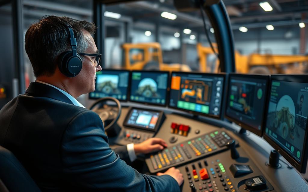 A qualified operator focused intently on a heavy machinery simulator. In the foreground, the operator, wearing professional business attire, sits at a modern workstation equipped with multiple screens displaying realistic machinery controls and gauges. The middle ground features the simulator's console, richly detailed with buttons, levers, and digital interfaces illustrating heavy machinery operations. The background softly fades to an industrial-themed workspace, with ambient lighting casting a warm glow, highlighting the advanced technology. The atmosphere conveys a sense of concentration and professionalism, embodying the importance of skill in operating heavy machinery. Soft shadows add depth, and the composition captures a dynamic angle that enhances the immersive experience of the simulation. A qualified operator focused intently on a heavy machinery simulator. In the foreground, the operator, wearing professional business attire, sits at a modern workstation equipped with multiple screens displaying realistic machinery controls and gauges. The middle ground features the simulator's console, richly detailed with buttons, levers, and digital interfaces illustrating heavy machinery operations. The background softly fades to an industrial-themed workspace, with ambient lighting casting a warm glow, highlighting the advanced technology. The atmosphere conveys a sense of concentration and professionalism, embodying the importance of skill in operating heavy machinery. Soft shadows add depth, and the composition captures a dynamic angle that enhances the immersive experience of the simulation.