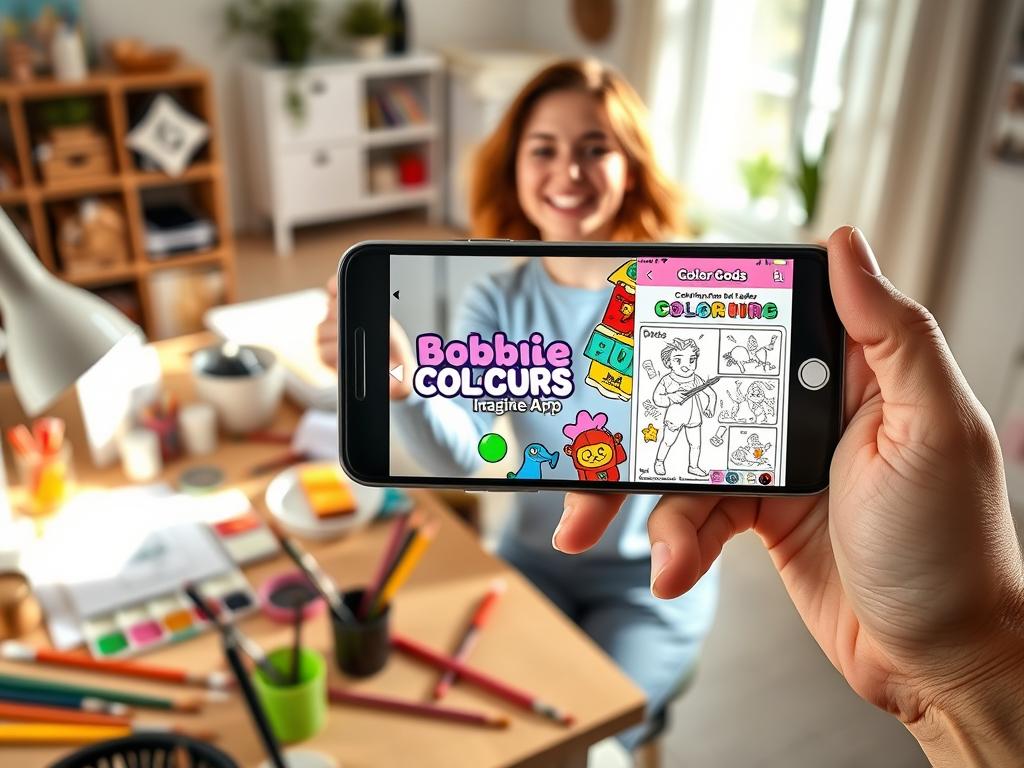 A smartphone displaying an engaging mobile app for coloring Bobbie Goods, prominently featuring a colorful interface with various art tools and vibrant coloring sections. In the foreground, the phone is held by a cheerful person in casual clothing, showing excitement while interacting with the app. The middle ground includes a desk cluttered with art supplies like paints and brushes, adding a creative touch. The background features a cozy, well-lit room with soft natural lighting, enhancing the inviting atmosphere. A welcoming ambiance is created, inspiring creativity and exploration in art. The overall scene conveys joy and accessibility of app usage, perfectly capturing the essence of a free coloring app on a smartphone.
