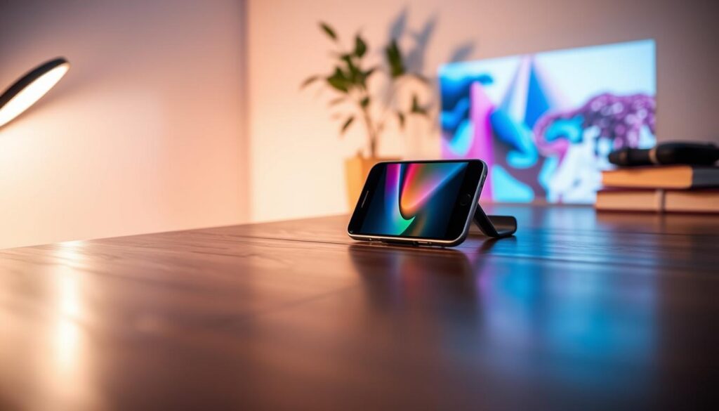 A smartphone positioned at an angle on a minimalist wooden table, projecting a colorful image onto a white wall. In the foreground, clear reflections of the phone's screen can be seen, showcasing a vibrant app interface. The middle ground features ambient lighting that creates a cozy atmosphere, with soft shadows accentuating the sleek design of the phone. In the background, blurred silhouettes of everyday objects—like a plant and a book—add a homey feel. The scene is viewed from a slightly elevated angle, emphasizing the projection effect while maintaining a focus on the phone. The overall mood is innovative and inviting, highlighting the concept of transforming a mobile device into a projector.