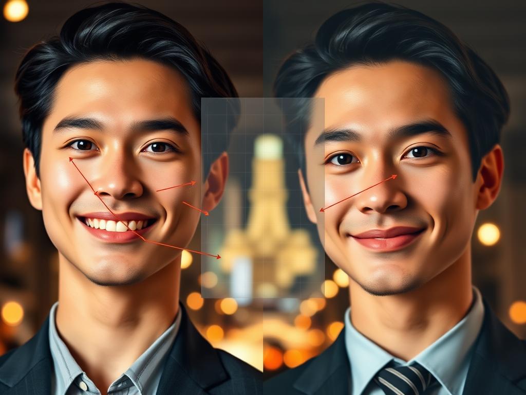 A split-image concept showcasing two individuals with distinct features and expressions, representing the idea of facial similarity with celebrities. In the foreground, one person, a young adult with dark hair, is smiling confidently, dressed in professional business attire. Their features subtly reflect the characteristics of a famous actor, like a strong jawline and bright eyes. In the middle, a transparent overlay displays facial grid lines and arrows pointing to specific areas of resemblance, such as the nose and eyes, hinting at methods to enhance one's likeness to stars. The background features a soft-focus image of a glamorous Hollywood setting, with warm, inviting lighting that creates an aspirational atmosphere, hinting at celebrity lifestyle. The overall composition is engaging yet informative, encouraging viewers to explore their own facial resemblances.