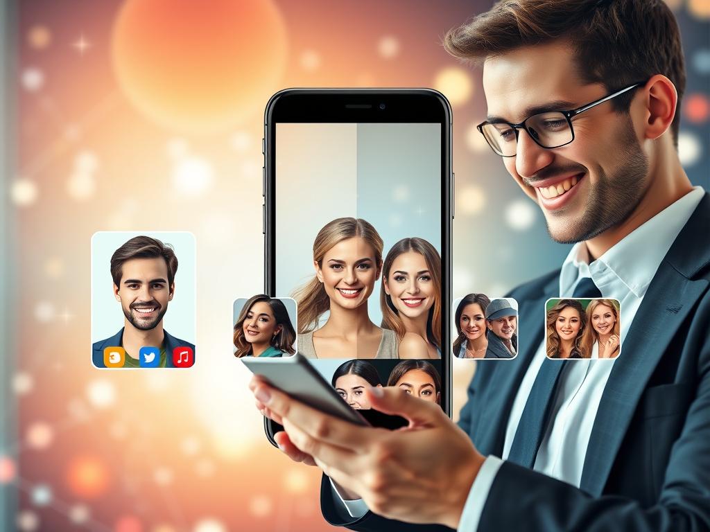 A stylish and modern app interface showcasing a split-screen comparison of a user’s photo on one side and a variety of celebrity faces on the other, illustrating the concept of similarity analysis. In the foreground, a user, dressed in professional business attire, smiles while interacting with their smartphone, surrounded by colorful app icons and star-like graphics. In the middle, clear and engaging facial comparisons are shown, featuring diverse celebs with vibrant colors and smooth gradients. The background features a soft-focus tech-inspired pattern with subtle digital elements, enhancing the theme of innovation. The lighting is bright and inviting, creating an upbeat and energetic atmosphere that aligns with a fun exploration of celebrity likeness.