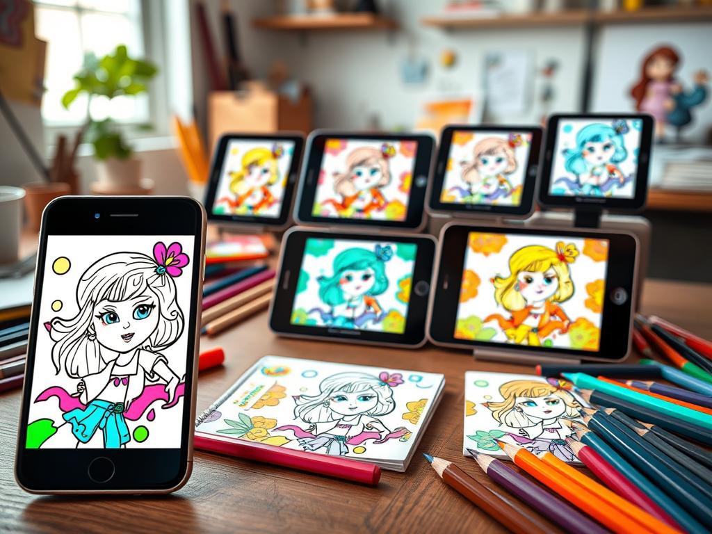 A vibrant and dynamic comparison scene depicting various coloring apps featuring Bobbie Goods on mobile devices. In the foreground, a sleek smartphone displays a colorful, detailed illustration of Bobbie Goods ready for coloring, with vibrant hues spilling from the edges. In the middle layer, several other mobile devices showcase alternative Bobbie Goods apps, each screen filled with different artistic renditions of the character, highlighting unique color palettes and styles. The background is a softly blurred workspace atmosphere with a wooden desk, art supplies like colored pencils scattered around, and natural light filtering through a nearby window, creating an inviting and creative mood. The overall atmosphere is lively and engaging, emphasizing the fun of digital coloring.