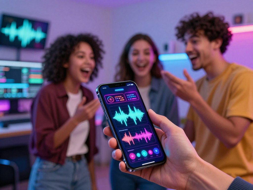 A vibrant, high-tech scene illustrating real-time voice modulation technology. In the foreground, a sleek smartphone displaying a colorful app interface with waveform graphics and sound visualizations, glimmering with digital effects. In the middle ground, a diverse group of three people, casually dressed, joyfully interacting with the smartphone, with expressions of excitement and curiosity. The background features a softly blurred room filled with modern tech gadgets and screens displaying audio frequencies and sound waves, suggesting a lively atmosphere of innovation. Bright, dynamic lighting emphasizes the energetic vibe, with reflections and highlights adding depth. The overall mood is playful and engaging, capturing the fun and transformative nature of voice modulator apps. A vibrant, high-tech scene illustrating real-time voice modulation technology. In the foreground, a sleek smartphone displaying a colorful app interface with waveform graphics and sound visualizations, glimmering with digital effects. In the middle ground, a diverse group of three people, casually dressed, joyfully interacting with the smartphone, with expressions of excitement and curiosity. The background features a softly blurred room filled with modern tech gadgets and screens displaying audio frequencies and sound waves, suggesting a lively atmosphere of innovation. Bright, dynamic lighting emphasizes the energetic vibe, with reflections and highlights adding depth. The overall mood is playful and engaging, capturing the fun and transformative nature of voice modulator apps.