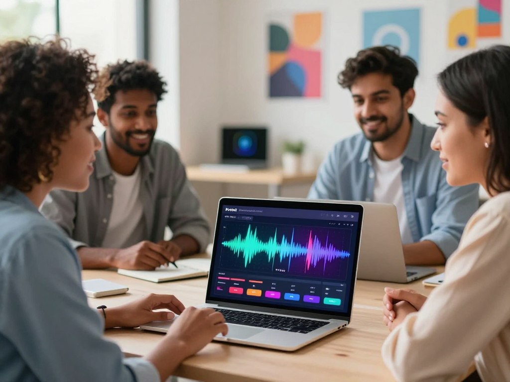 A vibrant, modern digital workspace showcasing a free voice modification app on a sleek laptop screen. In the foreground, a diverse group of three professionals—one Black woman in smart casual attire, one South Asian man dressed in business casual, and one Hispanic woman in a stylish blouse—are engaged in discussion. They are gathered around the laptop, capturing the essence of collaboration and innovation. In the middle ground, emphasize the laptop display featuring colorful waveforms and sliders representing voice modulation settings. The background features soft-focus elements like creative posters and smart devices, creating a tech-savvy atmosphere. The lighting is bright and inviting, with natural light streaming from a large window, adding warmth to the scene. The mood is lively and inspiring, reflecting the excitement of exploring new technology.