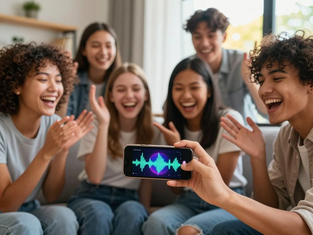 A vibrant scene depicting a group of diverse friends, gathered around a smartphone, laughing and having fun while trying out voice-changing apps. In the foreground, the friends are shown animatedly interacting with the device, with bright smiles and playful gestures. One person holds the phone, showcasing the app interface with colorful sound wave graphics. The middle ground features a cozy living room with soft lighting and modern decor, hinting at a fun and lighthearted atmosphere. In the background, a window reveals a sunny day, bringing warmth to the scene. Capture a joyful and energetic mood, using soft diffused lighting to enhance the sense of fun and camaraderie among friends. A vibrant scene depicting a group of diverse friends, gathered around a smartphone, laughing and having fun while trying out voice-changing apps. In the foreground, the friends are shown animatedly interacting with the device, with bright smiles and playful gestures. One person holds the phone, showcasing the app interface with colorful sound wave graphics. The middle ground features a cozy living room with soft lighting and modern decor, hinting at a fun and lighthearted atmosphere. In the background, a window reveals a sunny day, bringing warmth to the scene. Capture a joyful and energetic mood, using soft diffused lighting to enhance the sense of fun and camaraderie among friends.
