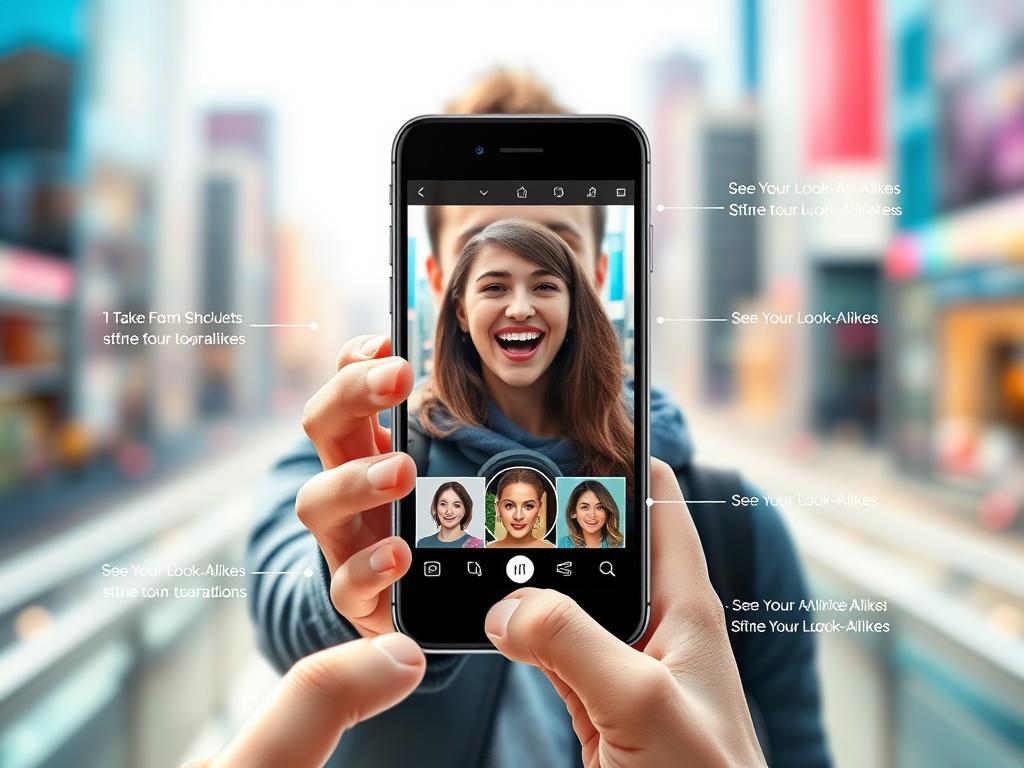 A visually engaging infographic demonstrating the step-by-step process of using a celebrity look-alike tool on a mobile phone. In the foreground, depict a modern smartphone displaying a user-friendly interface, highlighting various features like a 'Take Photo' button and a 'See Your Look-Alikes' section. In the middle ground, show a person holding the phone, looking surprised and excited as they view their resemblance to a famous celebrity. The background features a colorful, soft-focus cityscape, symbolizing a digital connection. Utilize bright, natural lighting to create an inviting and energetic atmosphere, with a slight tilt to the perspective to emphasize interaction. The overall mood should convey discovery and fun, appealing to a wide audience.