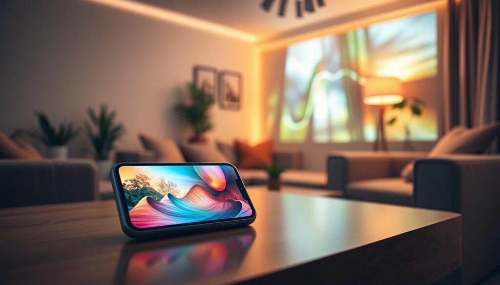 A visually engaging scene depicting a smartphone being used as a projector, showcasing its potential to display vibrant images on a wall in a cozy living room setting. In the foreground, a modern smartphone is prominently placed on a stylish table, casting a colorful projection of nature, such as a serene landscape or abstract art, onto a neutral-colored wall. In the middle, comfortable seating and ambient lighting create a warm, inviting atmosphere. In the background, soft-focus elements like decorative plants and elegant curtains enhance the homely feel. The lighting is soft and warm, conveying a relaxed, engaging mood that encourages creativity and innovation in utilizing technology. The angle is slightly tilted upward to emphasize the projection from the smartphone.