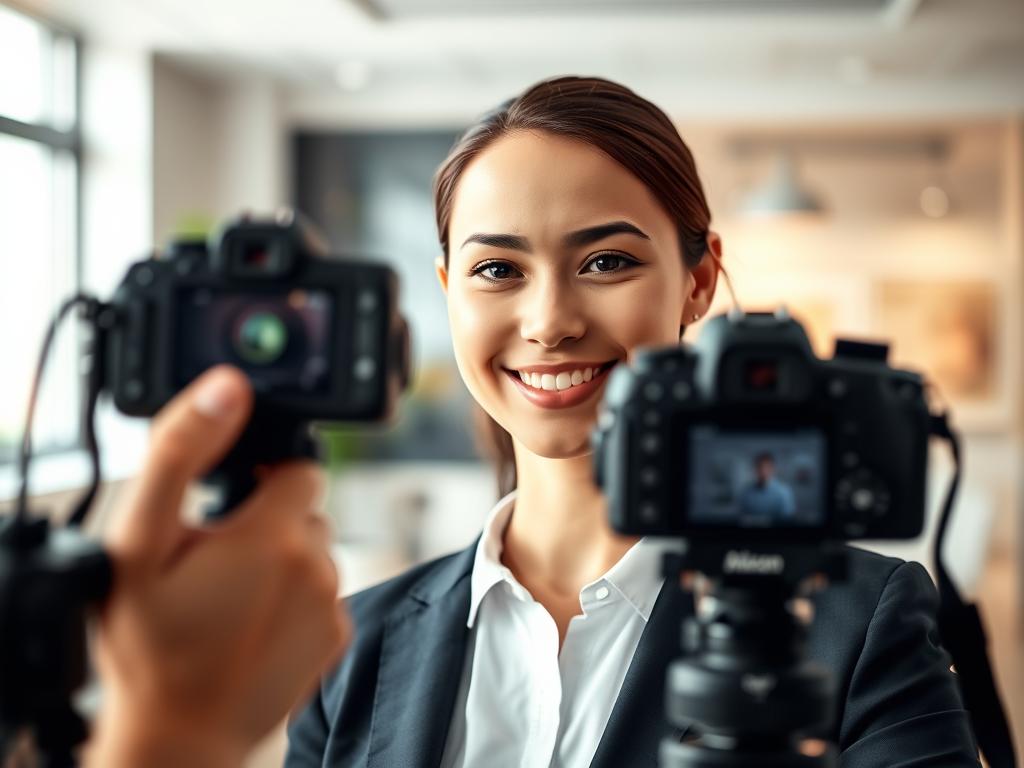 A well-lit indoor setting for photographing faces, focusing on a clear view of a smiling person in professional business attire. The foreground features a model with neutral expression, capturing the essence of ideal facial recognition with attention to detail such as even lighting on the face, avoiding harsh shadows. In the middle ground, a soft-focus camera is positioned slightly below eye level, emphasizing clarity and depth. The background includes a blurred office environment with soft colors, creating a calm atmosphere that complements the subject. Use natural light from a window to evoke warmth, and aim for a sharp focus on the model's features to enhance facial recognition quality.