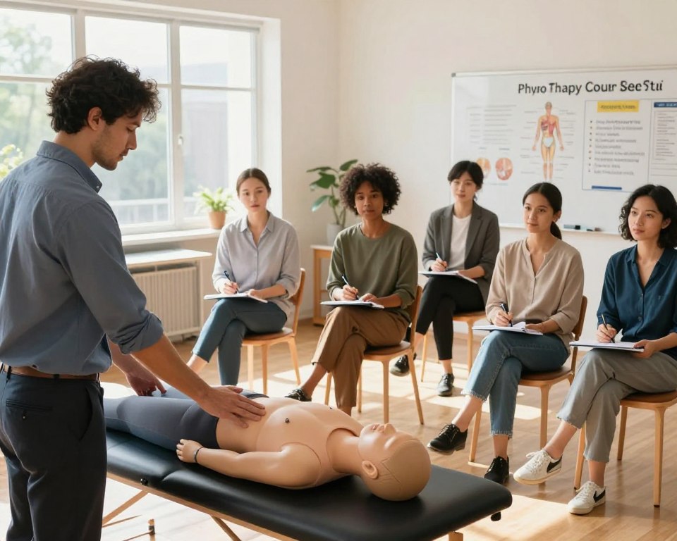 A bright and inviting classroom setting, showcasing a diverse group of professional-looking individuals, engaged in a physiotherapy seminar. The foreground features a male instructor in business casual attire, demonstrating physiotherapy techniques with a model on an exercise table. In the middle ground, attentive participants, dressed in smart casual clothing, take notes and observe. Bright natural light streams through large windows, creating a warm and welcoming atmosphere. A whiteboard in the background displays anatomical diagrams and course highlights, emphasizing the theme of a free physiotherapy course with valid certification. The scene captures a sense of learning, collaboration, and enthusiasm for the subject matter, with an overall feeling of motivation and professionalism.